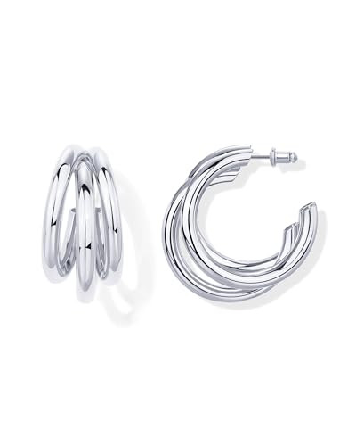 PAVOI Gold Hoop Earrings for Women - 14k Gold Plated Chunky Triple Split Loop Huggie Earrings | H... | Amazon (US)