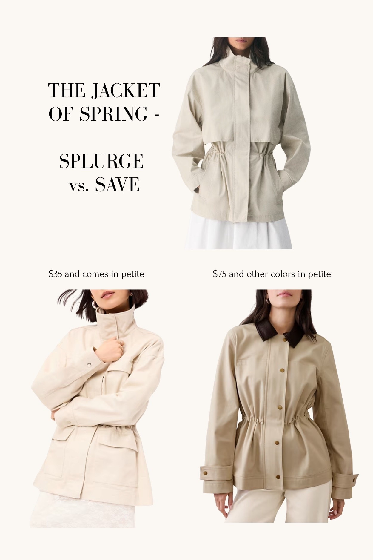 Love my aritzia cinch waist spring jacket but it sold out fast. Found a few similar options in different materials

The old navy one looked nice on a friend in petites! It’s 100% cotton so Thicker than aritzia one 



#LTKTravel #LTKmomlife #LTKPetite