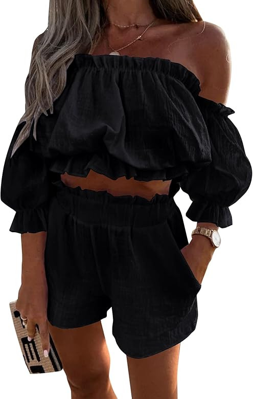 Vrtige Women's 2 Piece Outfits Off Shoulder Ruffle Trim Ruched Crop Top and Shorts Set | Amazon (US)