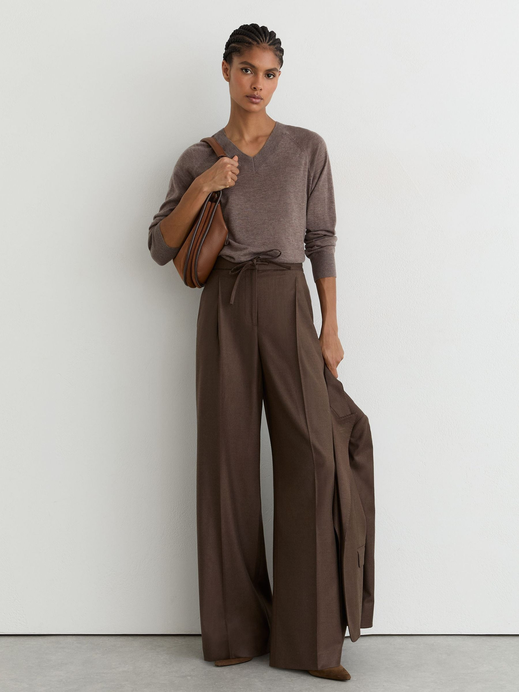 Reiss Wool-Blend Wide-Leg Drawstring Trousers in Mocha Brown - REISS | Reiss UK
