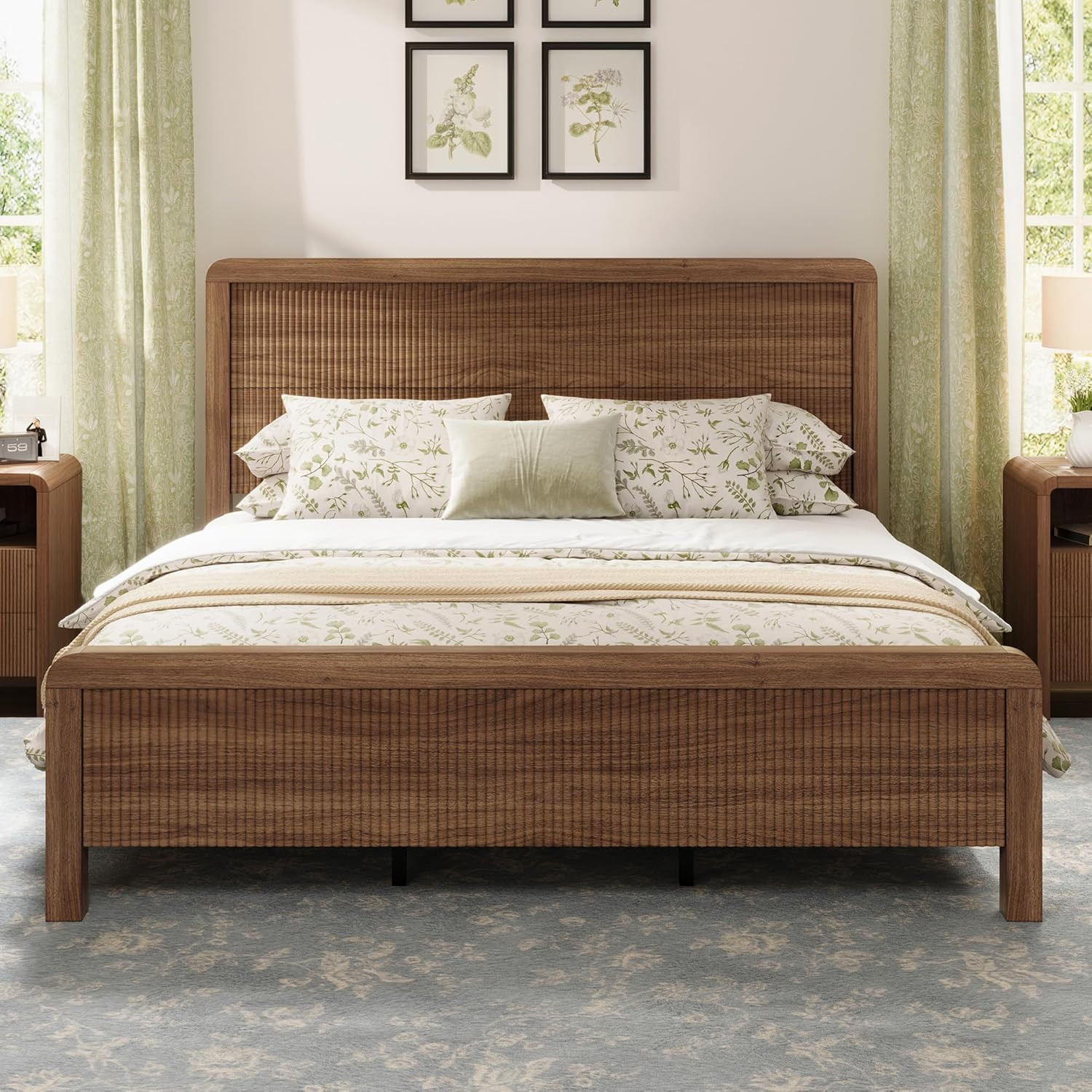 AMERLIFE Queen Wood Bed Frame with Fluted Headboard & Footboard, Walnut | Amazon (US)