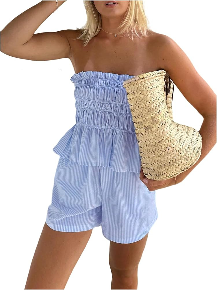 Women 2 Piece Outfits Ruffle Stripe Shorts Set 2026 Summer Off Shoulder Smocked Crop Top Mini Sho... | Amazon (US)