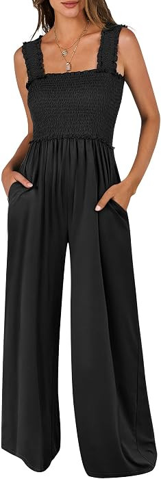 ANRABESS Jumpsuits for Women Casual, Smocked Sleeveless Wide Leg Comfy Rompers With Pockets, Summ... | Amazon (US)