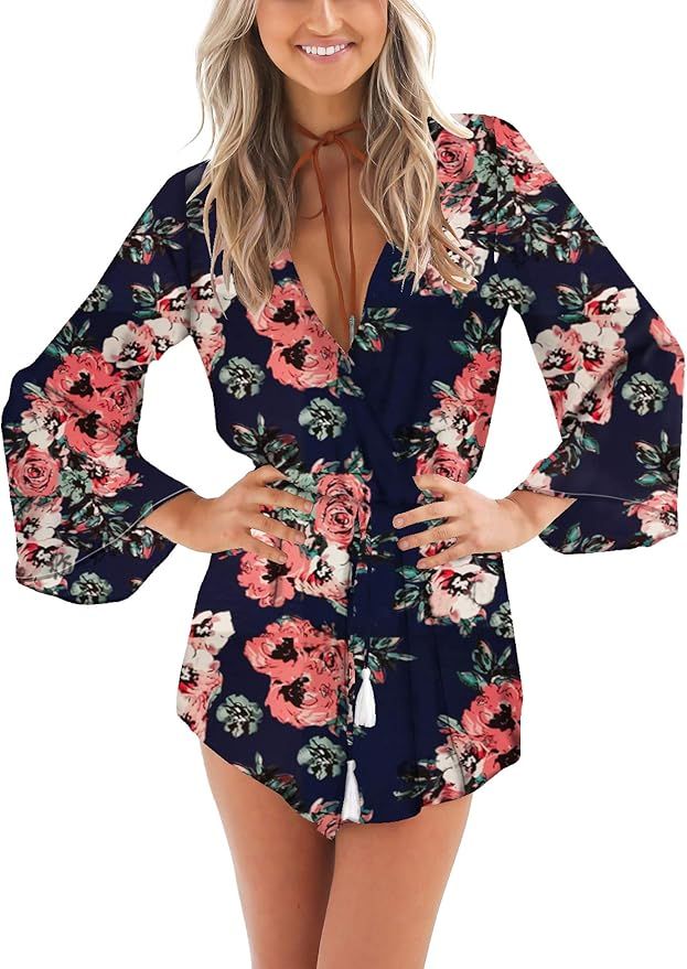 Relipop Women's Floral Print Long Sleeves Short Romper Playsuit Jumpsuit | Amazon (US)