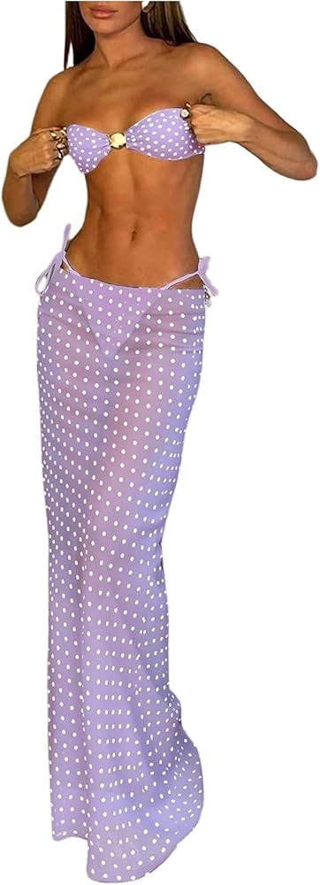 SweatyRocks Women's Polka Dots Bandeau Bikini Sets Side Tie Thong 3 Piece Swimsuit with Cover Up | Amazon (US)