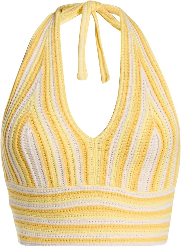 Verdusa Women's Colorblock Striped Crop Halter Top Tie Backless V Neck Going Out Tops Summer Vaca... | Amazon (US)