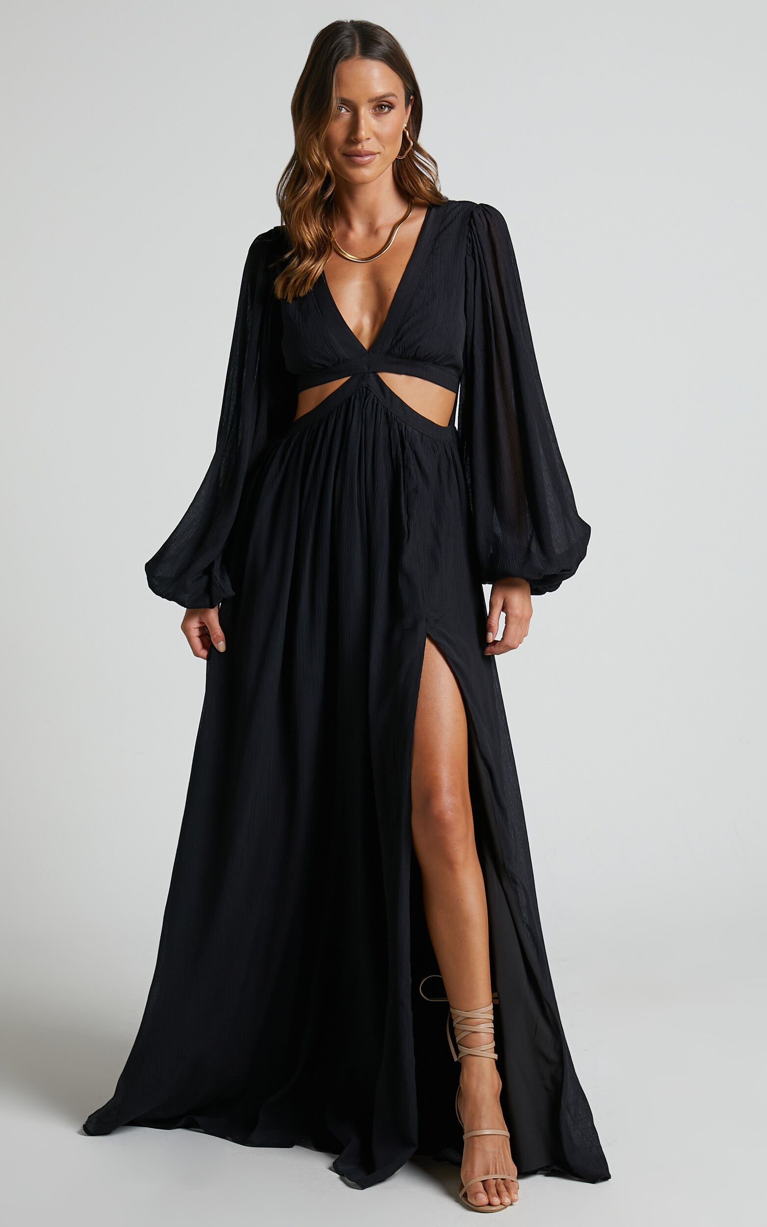 Paige Side Cut Out Balloon Sleeve Maxi Dress in Black | Showpo (US, UK & Europe)