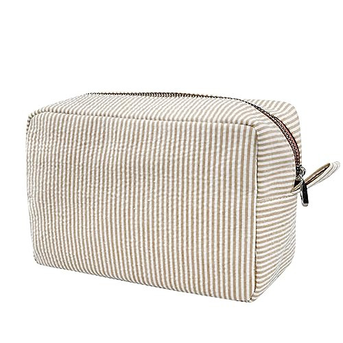 GFU Cosmetic Bags for Women, Seersucker Cosmetic Bag, Travel Toiletry Stripe Makeup Bag, Large Women Aesthetic Organizer Storage Pouch, Girls Handbags Purses, brown | Amazon (US)