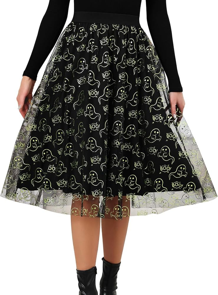Halloween Skirt for Women Pumpkin Tulle Mesh Midi Dress Party Ghost Cute Witch Funny Print Clothe... | Amazon (US)