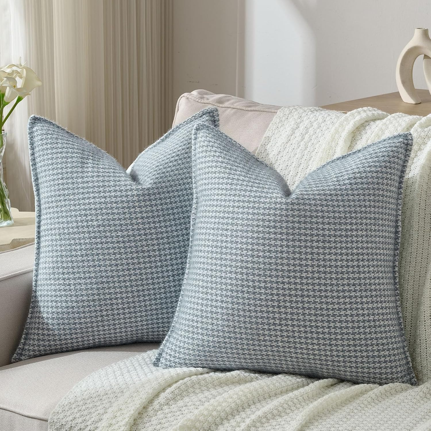 FUTEI Dusty Blue Decorative Throw Pillow Covers 18x18 Inch Set of 2,Soft Houndstooth Gingham Text... | Amazon (US)