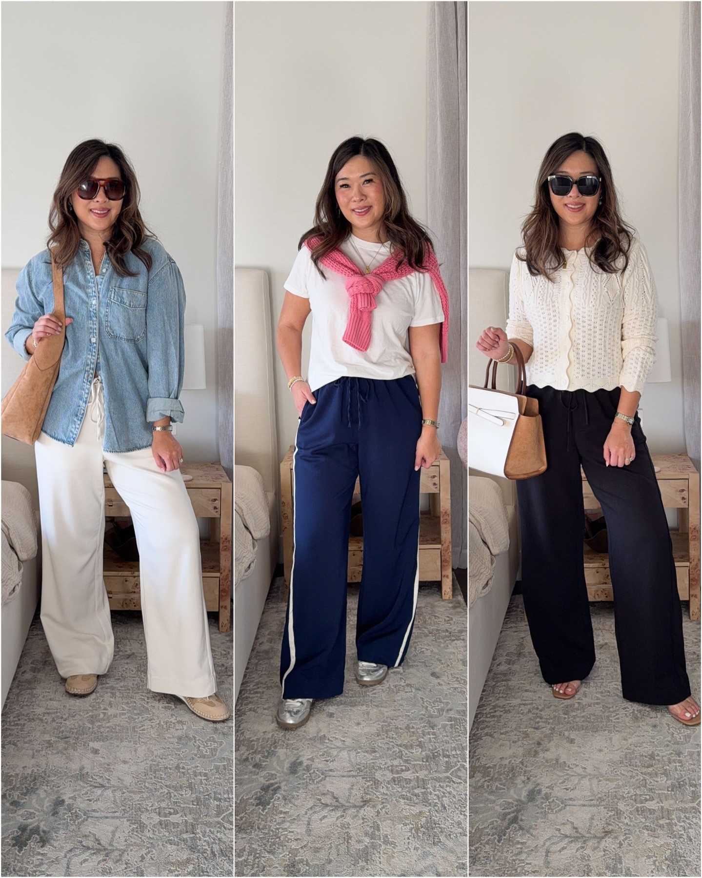 Target effortless pants are on sale for 20% off!! Wearing a Medium Regular. 

I wear size 6/8 and am wearing a Medium Regular. These pants also come in Short and Long lengths. I could probably wear Short with some shoes but I kind of do like them a little longer!! 

Denim Shirt: Large
White Tee: Medium
Pink Sweater: Medium
Cream Cardigan: Medium 