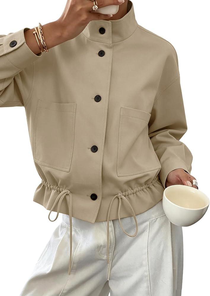 Womens Funnel Neck Jackets Fall Casual Ruffle Hem Cropped Coats | Amazon (US)