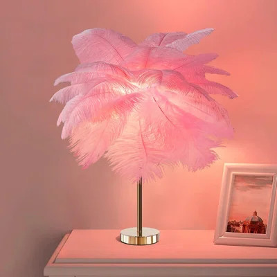 Modern Ostrich Feather Table Lamp With Golden Base, 5-Light Plug-In Bedside Nightstand Desk Lamp, Natural Feather Shade For Bedroom Living Room Decor | Wayfair North America