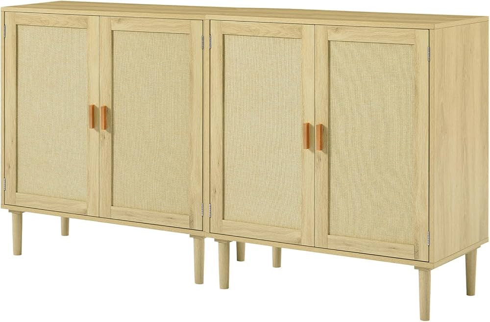 ODUWA Storage Cabinet Set of 2,Mid-Century Handmade Natural Rattan Cabinet with Shelf and Fabric ... | Amazon (US)