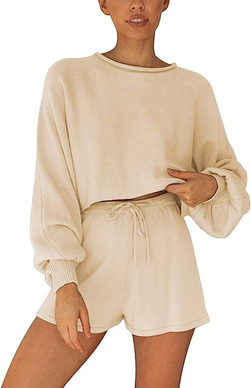 Women's 2 Piece Knit Outfit Shorts Set Sweatsuit Long Sleeve Crop Top and Drawstring Loungwear | Amazon (US)