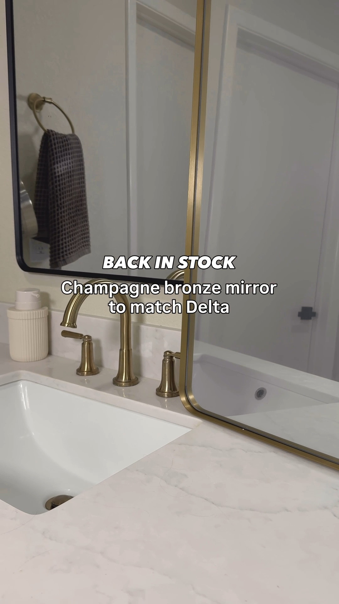 You guys sold out this mirror before, but it’s finally back in stock!! Run now to grab this champagne bronze vanity mirror that perfectly matches Delta’s champagne bronze! 
•
•
Bathroom update, bathroom remodel, bathroom Reno, bathroom mirror, vanity mirror, gold mirror, champagne bronze mirror, champagne bronze bathroom, 24x36 mirror

#LTKHome