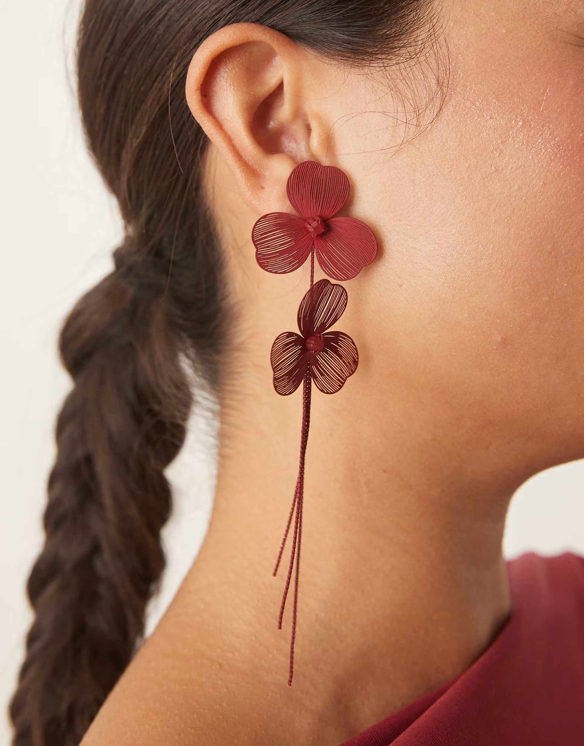 ASOS DESIGN stud wire floral earrings with chain drop tassel in burgundy | ASOS (Global)