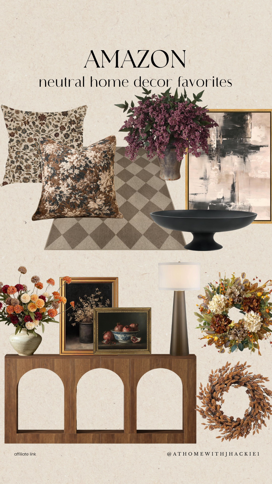 Amazon Neutral Home Decor Favorites, Amazon home decor, neutral home decor, floral throw pillows, checkered rug, abstract wall art, black decorative bowl, faux lilac stems, fall wreath, framed artwork, console table styling, table lamp, floral arrangement, neutral living room, cozy home decor, vintage inspired decor, Amazon finds, home styling ideas, fall decorating, modern traditional decor, decorative accents

#LTKSeasonal #LTKHome