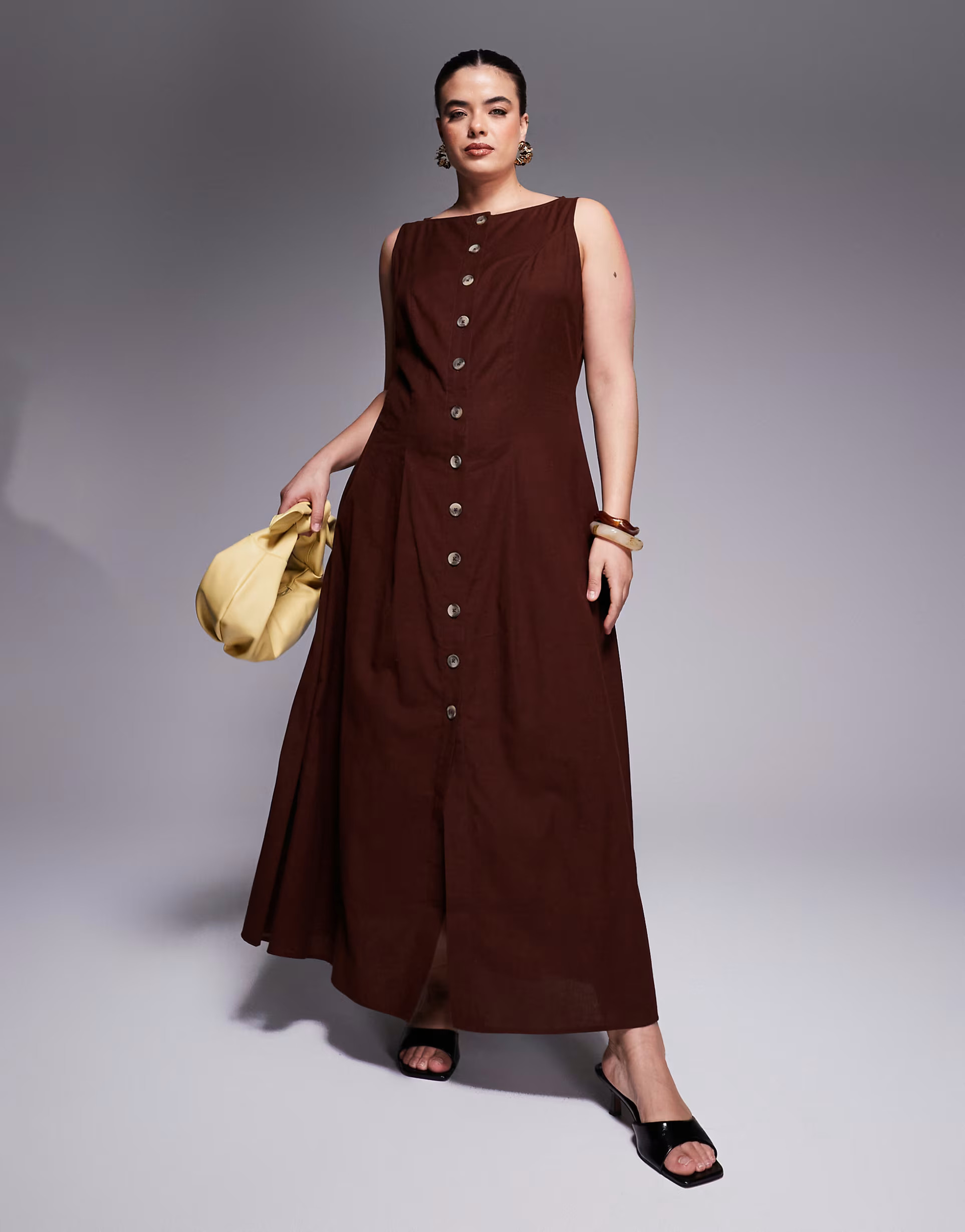 ASOS DESIGN Curve slash neck button down waistcoat maxi dress in chocolate | ASOS (Global)