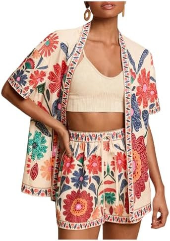 MakeMeChic Women's Tropical Beach Vacation Outfits Summer Two Piece Sets Boho Floral Kimono Tops ... | Amazon (US)