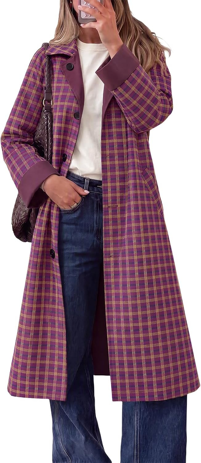 Tankaneo Womens Long Trench Coat Plaid Reversible Windproof Overcoat | Amazon (US)