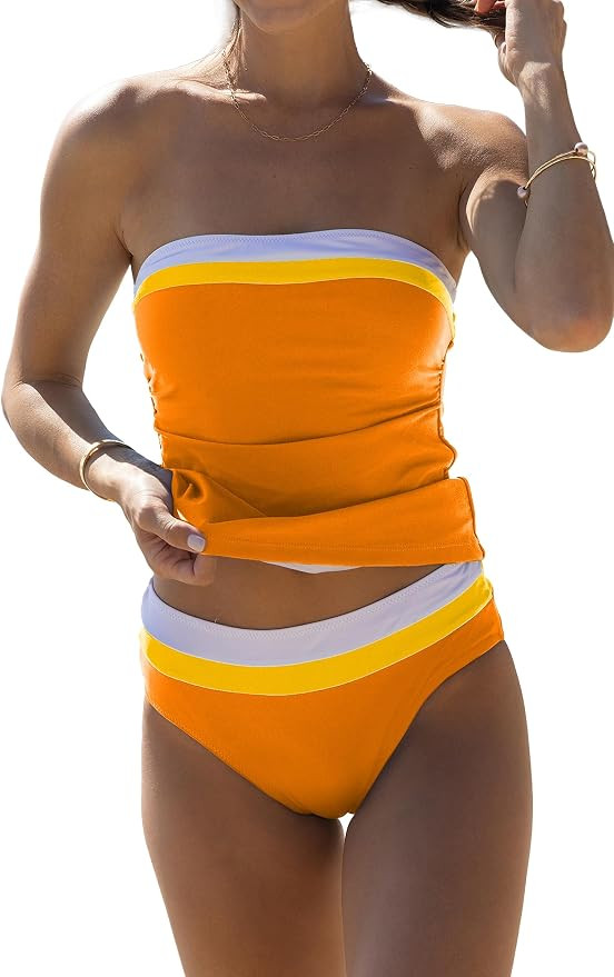 Beachsissi Women's Bandeau Swimsuits Strapless Tummy Control Color Block Tankini Sets | Amazon (US)