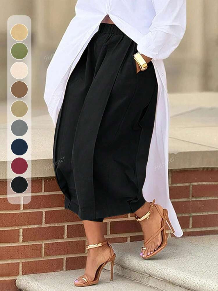 Fall/ Winter Plus Size Women 'S Trousers Solid Color Casual Wide Leg Capri Pants With Pockets, Black, Versatile Everyday Outfit | SHEIN