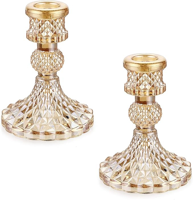 OwnMy Set of 2 Gold Glass Taper Candle Holders Decorative Glass Candlestick Holders, Modern Taper... | Amazon (US)