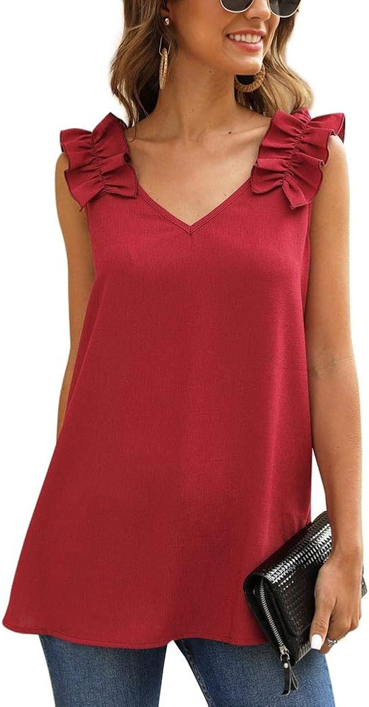 KUFV Womens Ruffles Shoulder V Neck Sleeveless Casual Summer Blouse Tunic Tank Tops | Amazon (US)