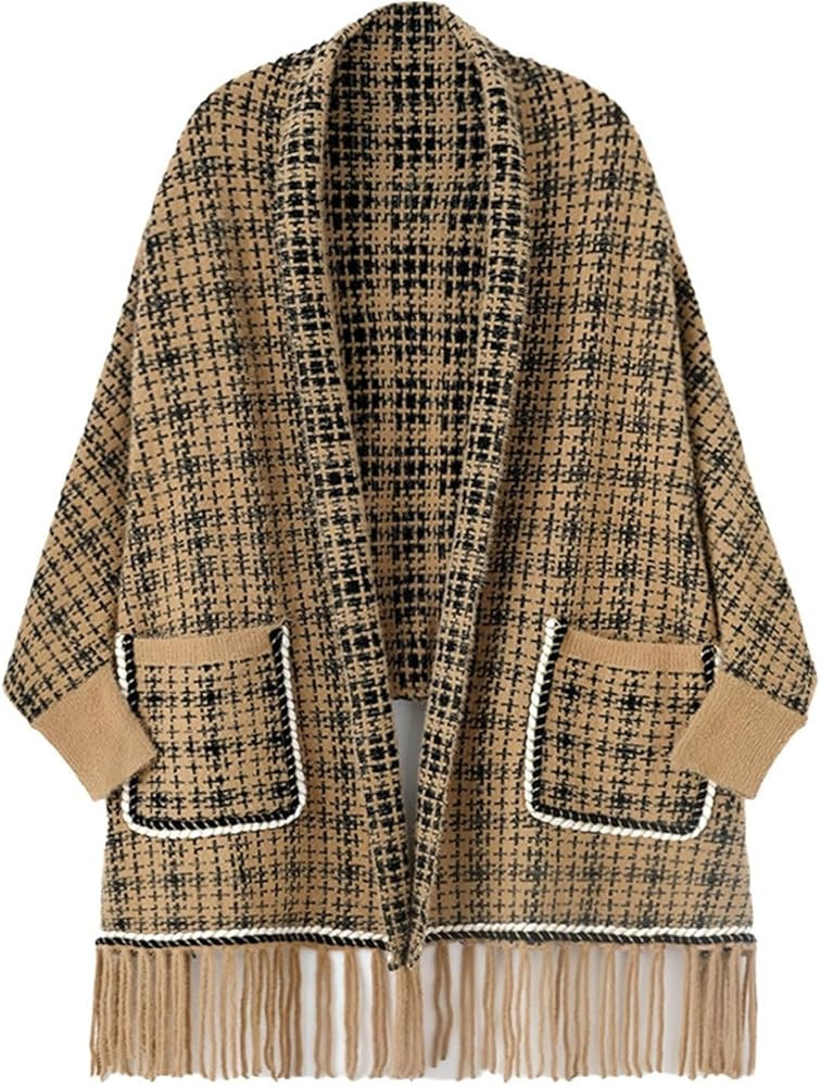 Tassel Shawl Wrap for Women Warm Winter Knitted Poncho Cape Open Front Versatile Cardigan Sweater... | Amazon (US)