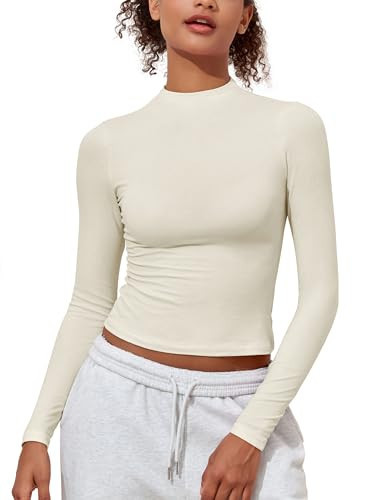 PrettyGuide Womens Long Sleeve Shirts Fitted Tops Stretchy Base Layer Tight Basic Thermal Undershirt Bone L | Amazon (US)
