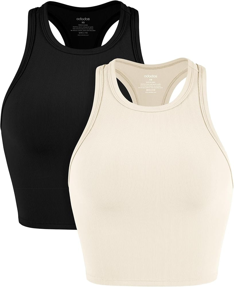 ODODOS Women's Crop 2-Pack Racerback High Neck Ribbed Cropped Tank Tops | Amazon (US)