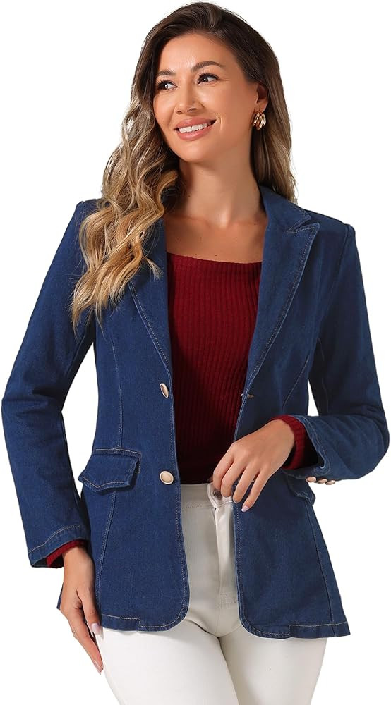 Allegra K Notched Lapel Blazer for Women's Denim Single Breasted Shoulder Pad Business Casual Jac... | Amazon (US)