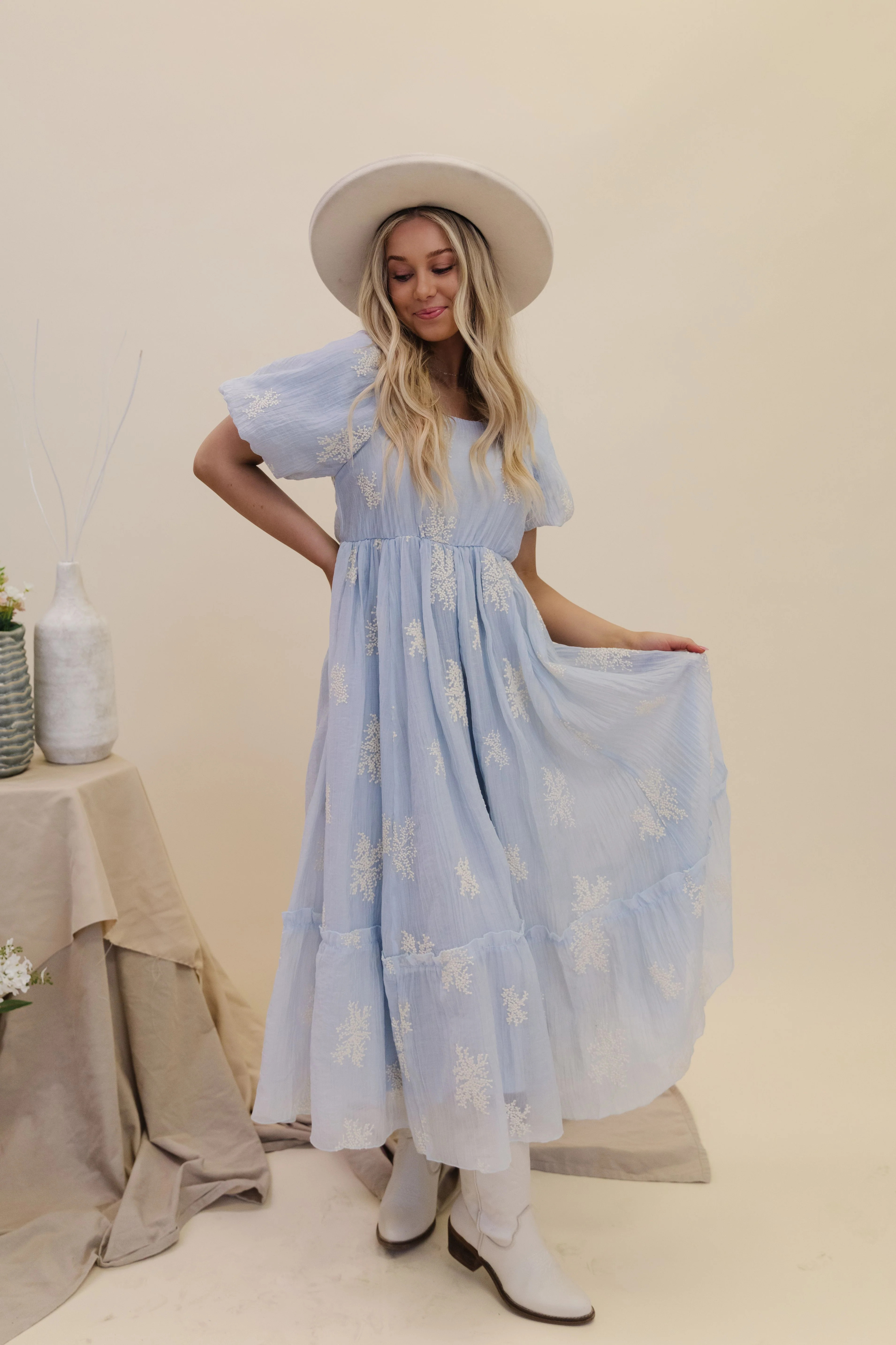 THE CAMILE PUFF SLEEVE MIDI DRESS IN POWDER BLUE | Pink Desert