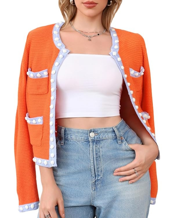 Cropped Cardigan for Women Open Front Jackie O Sweater Jacket Button Down Fall Chunky Knit Coats | Amazon (US)