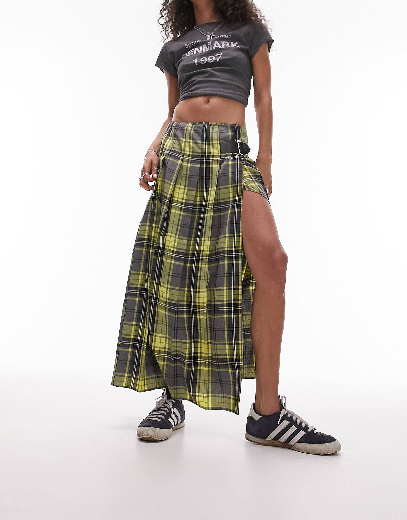 Topshop pleated check midi skirt in yellow check | ASOS (Global)