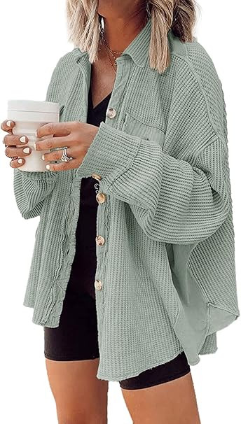 Nirovien Womens Waffle Knit Shacket Oversized Button Down Shirt Jacket Lightweight Long Sleeve To... | Amazon (US)