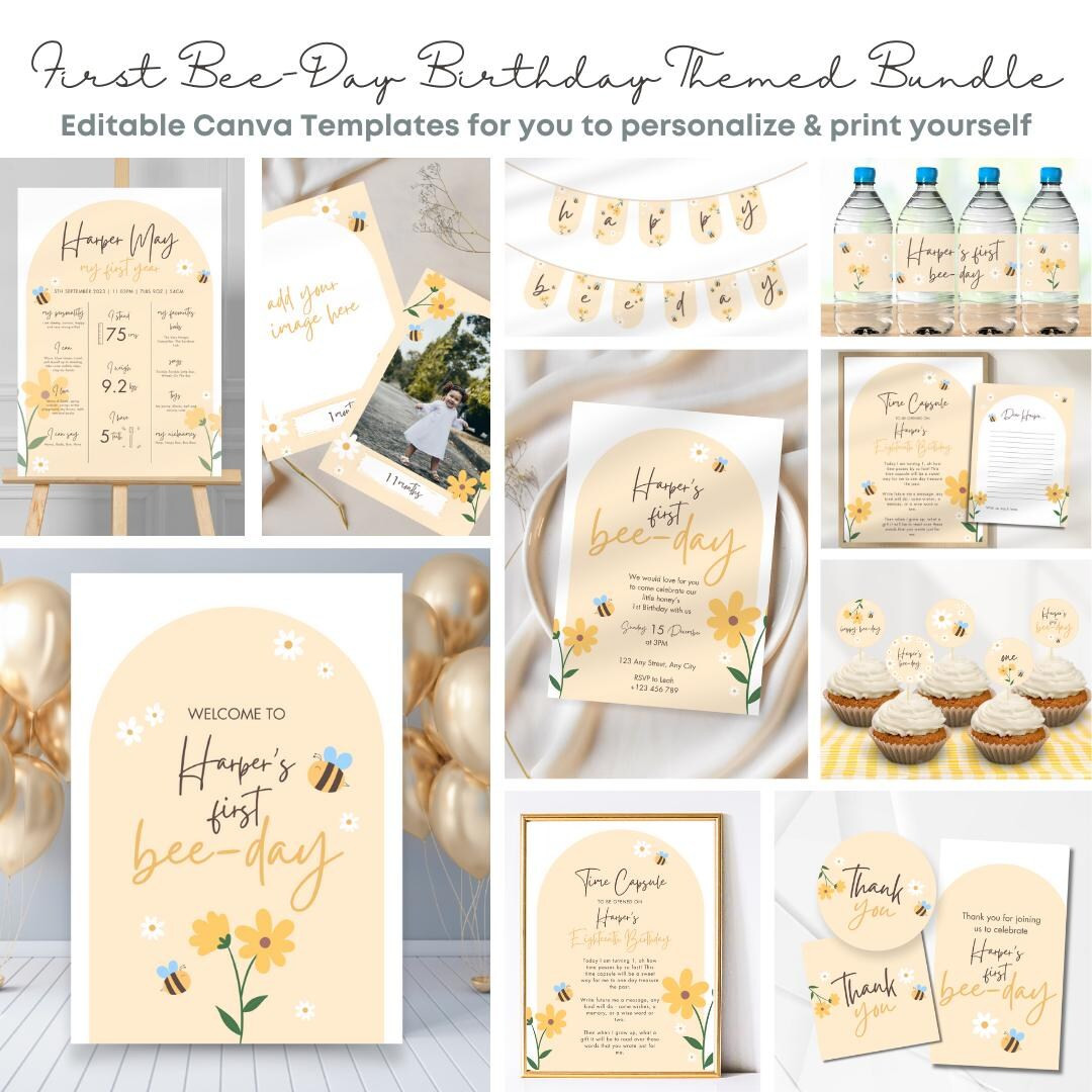 Bee-Themed Birthday Bundle | Editable Canva Templates Bundle for Bee-Day Party Invitations, Match... | Etsy (US)