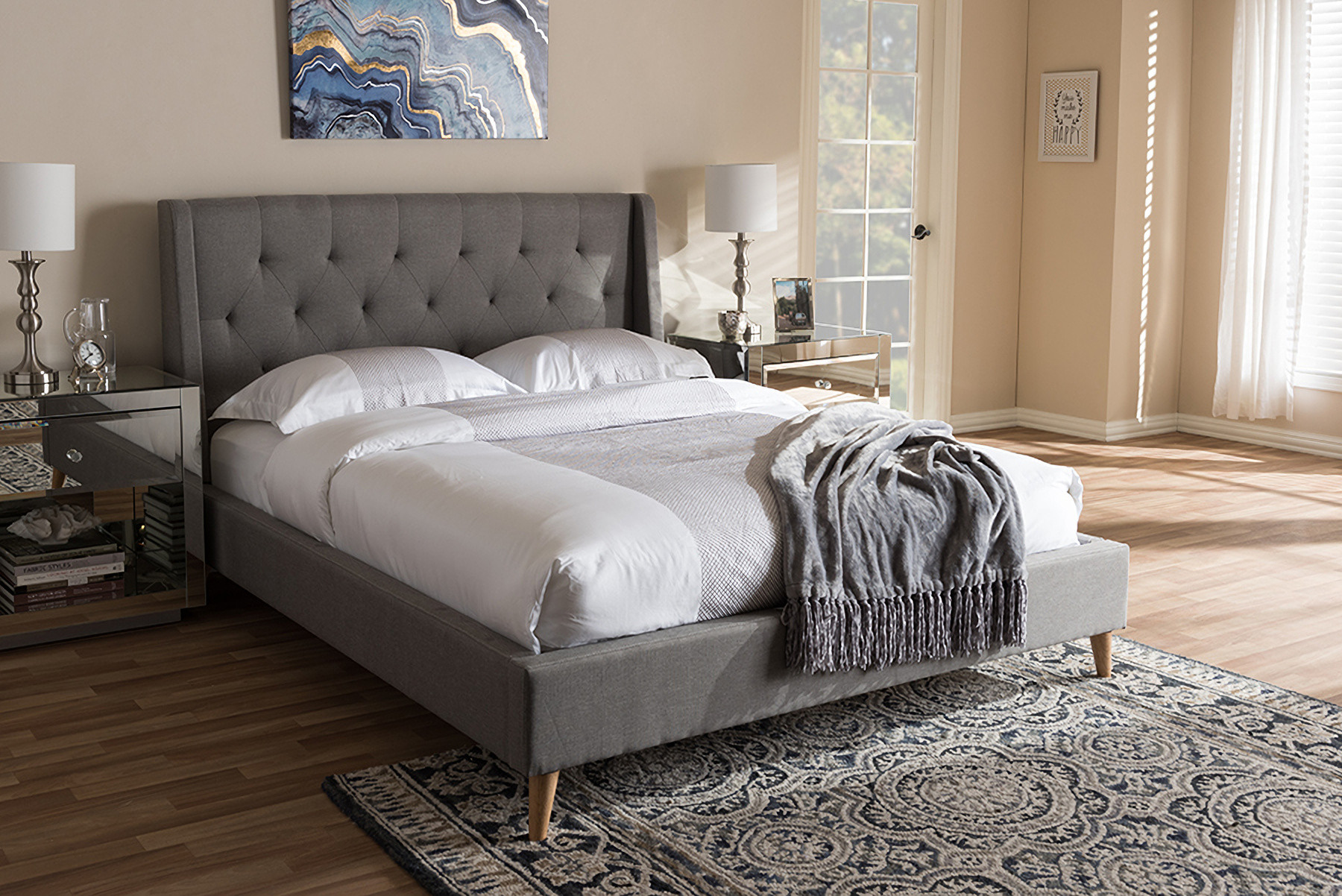 Baxton Studio Adelaide Retro Modern Light Grey Fabric Upholstered King Size Platform Bed | 1stopbedrooms