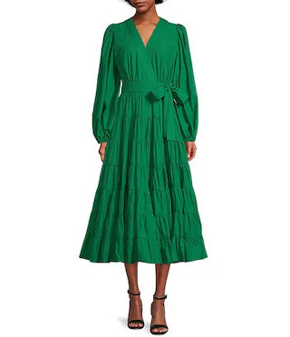 Gibson & Latimer Woven Poplin V-Neck Long Blouson Sleeve Tie at Side Wrap A-Line Flounce Midi Dre... | Dillard's