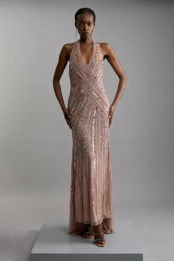 Metallic Embellished And Beaded Halter Maxi Dress | Karen Millen UK + IE + DE + NL
