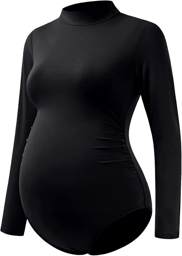 Bhome Maternity Shirt Mock Neck Long Sleeve Bodysuit for Pregnant Photoshoot | Amazon (US)