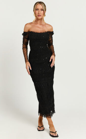 Evelyn Midi Dress - Long Sleeve Shirred Tulle Dress in Black Polka | Showpo (US, UK & Europe)