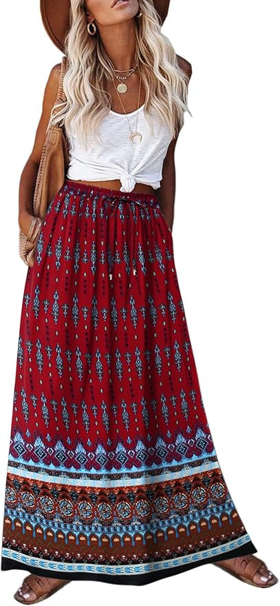 Zeagoo Women's 2026 Boho Floral Skirt Casual Elastic High Waist Maxi Skirts Flowy A Line Beach Lo... | Amazon (US)
