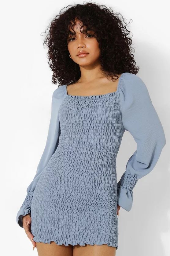 Petite Volume Sleeve Shirred Mini Dress | Boohoo.com (US & CA)