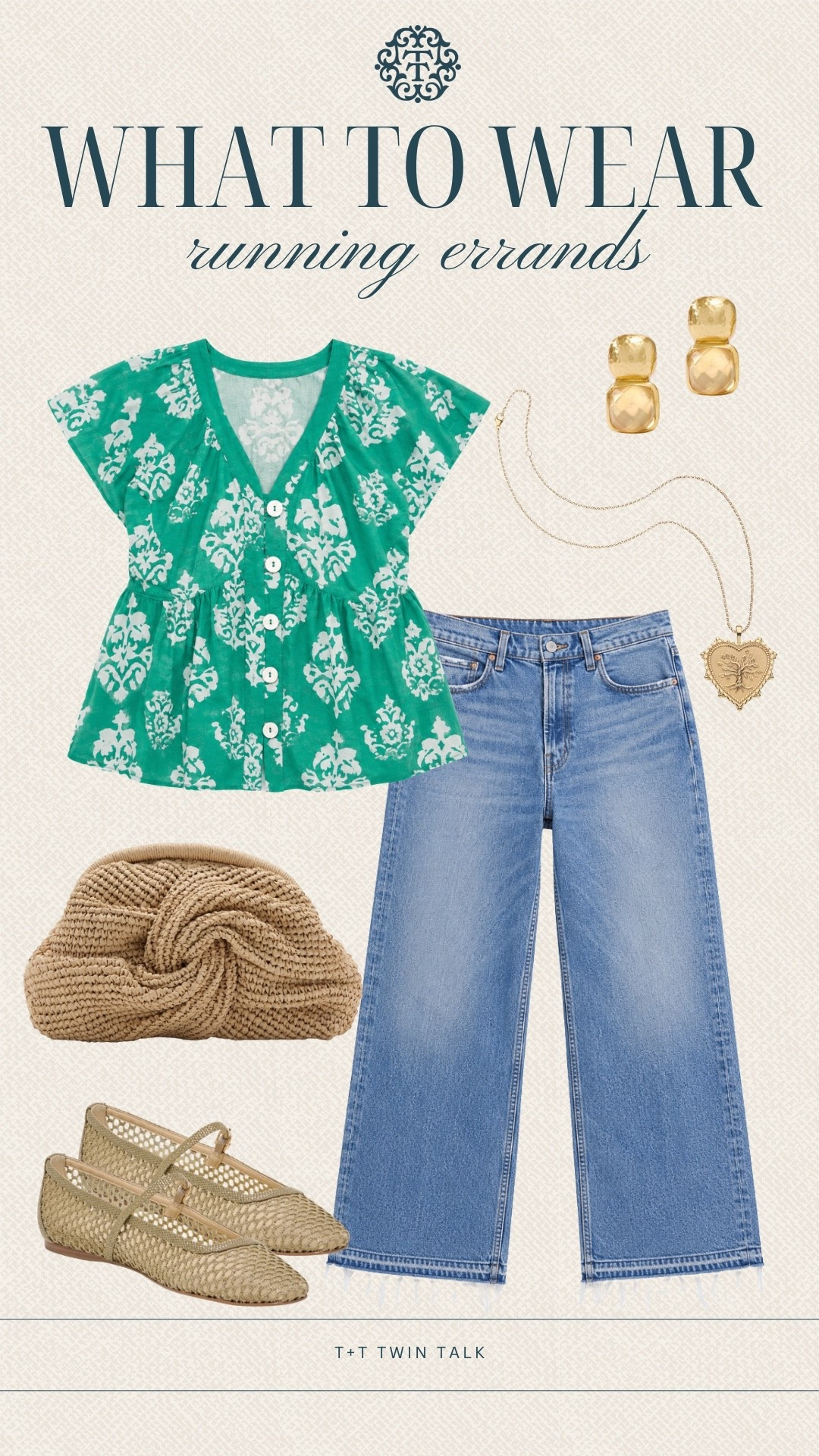 T+T, what to wear! We paired this Social Threads printed top with light wash denim, woven flats, layered gold jewelry, and the cutest textured clutch for an easy everyday look. This outfit is perfect for running errands while still feeling cute and put together.

#LTKMidsize #LTKOver40 #LTKSeasonal