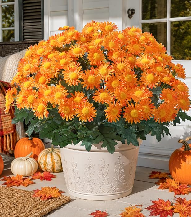 Artificial Fall Faux Mums Flowers Outdoor Plants for Decoration, 6 Bundles Fake Silk Orange Gerbe... | Amazon (US)