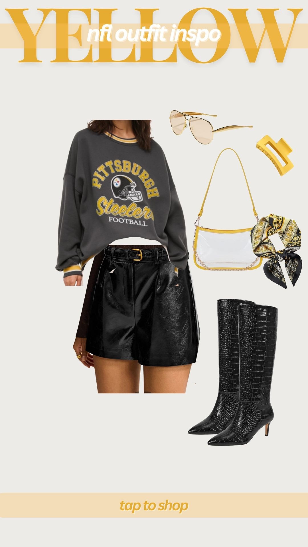 NFL game day outfit, football game outfit, yellow nfl team outfit, black and yellow outfit, Pittsburgh Steelers outfit, Green Bay packers outfit, Minnesota Vikings outfit, Iowa Hawkeyes outfit 