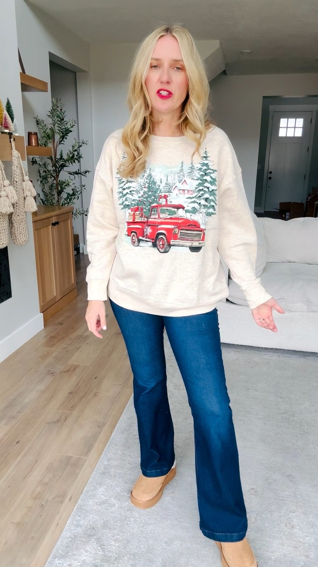 Walmart Holiday Haul Part 2 🎄 Three casual holiday outfits you’ll love!
• Soft v-neck sweater (wearing medium) — selling fast
• Classic ribbed turtleneck (wearing small)
• $12 fleece-lined holiday sweatshirt (wearing large)
All jeans run true to size!
#WalmartFashion #WalmartFinds #HolidayOutfits #HolidayStyle #AffordableFashion #CasualHolidayLooks #WinterOutfits #FrugalFashion #HolidayWardrobe #WalmartStyle

#LTKHoliday #LTKSaleAlert #LTKFindsUnder50