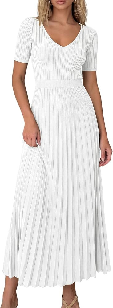 PRETTYGARDEN Women's 2026 Spring Midi Sweater Dresses Elegant Pleated Ribbed Knit Short Sleeve V ... | Amazon (US)